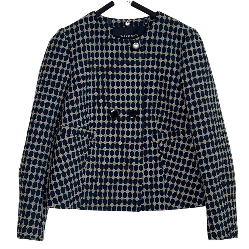 Tara Jarmon Geometric Print Long Sleeve Double Breasted Jacket Navy Women's 38
